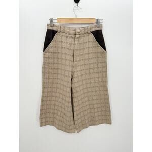 Tan Cream Plaid Wide Leg Bermuda Pants Cropped Flare Women Size Small Country
